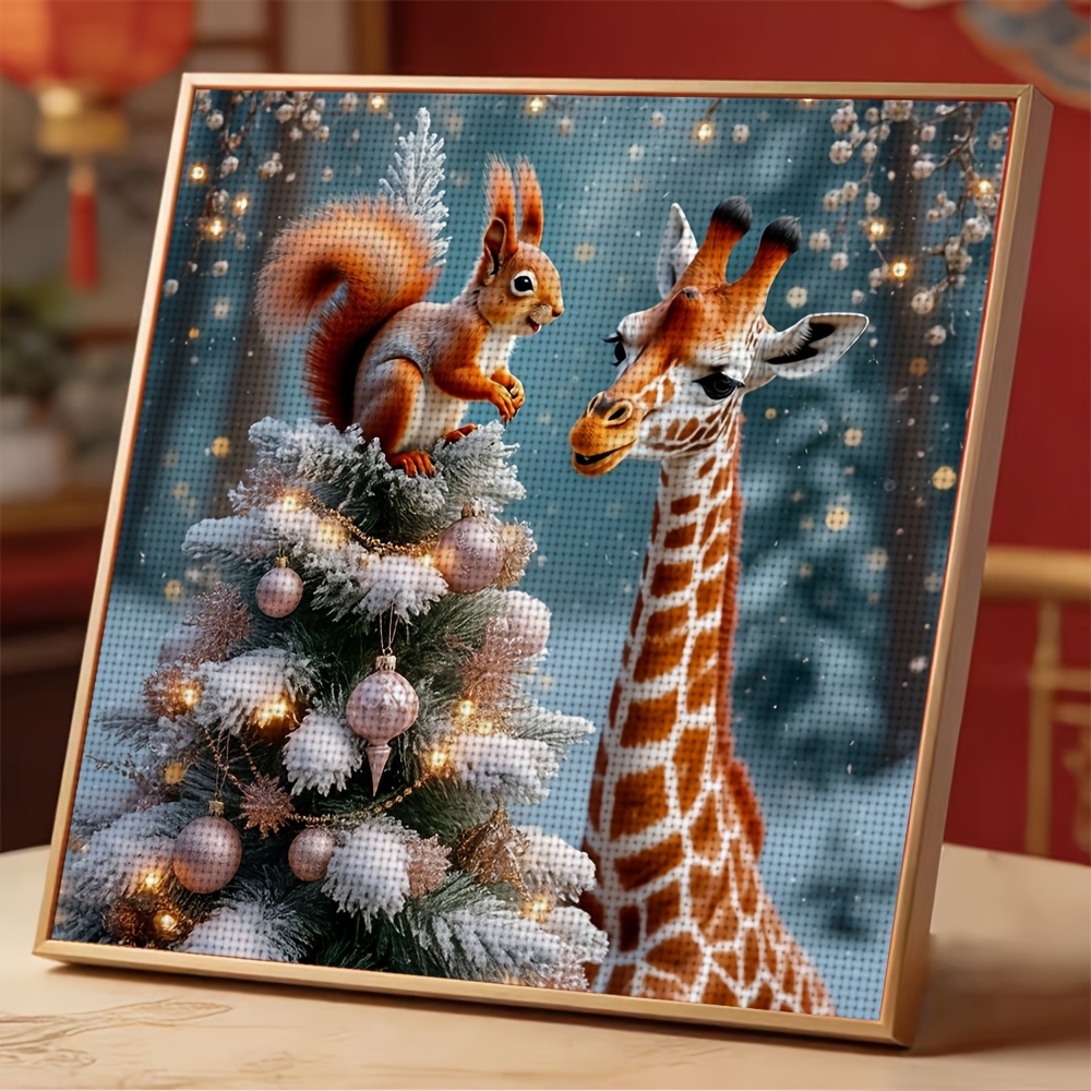 DIY Cross-Stitch Print Kit, Squirrel and Giraffe Under Christmas Tree Design
