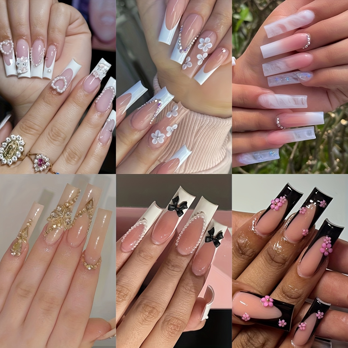 Image of 144pcs Long Square Waterfall/ballet Nail Combo Set, Spring/summer Glitter Floral Heart Rhinestone Cute Hello & White French Edge Full Coverage Fake Nail Stickers For Women & S
