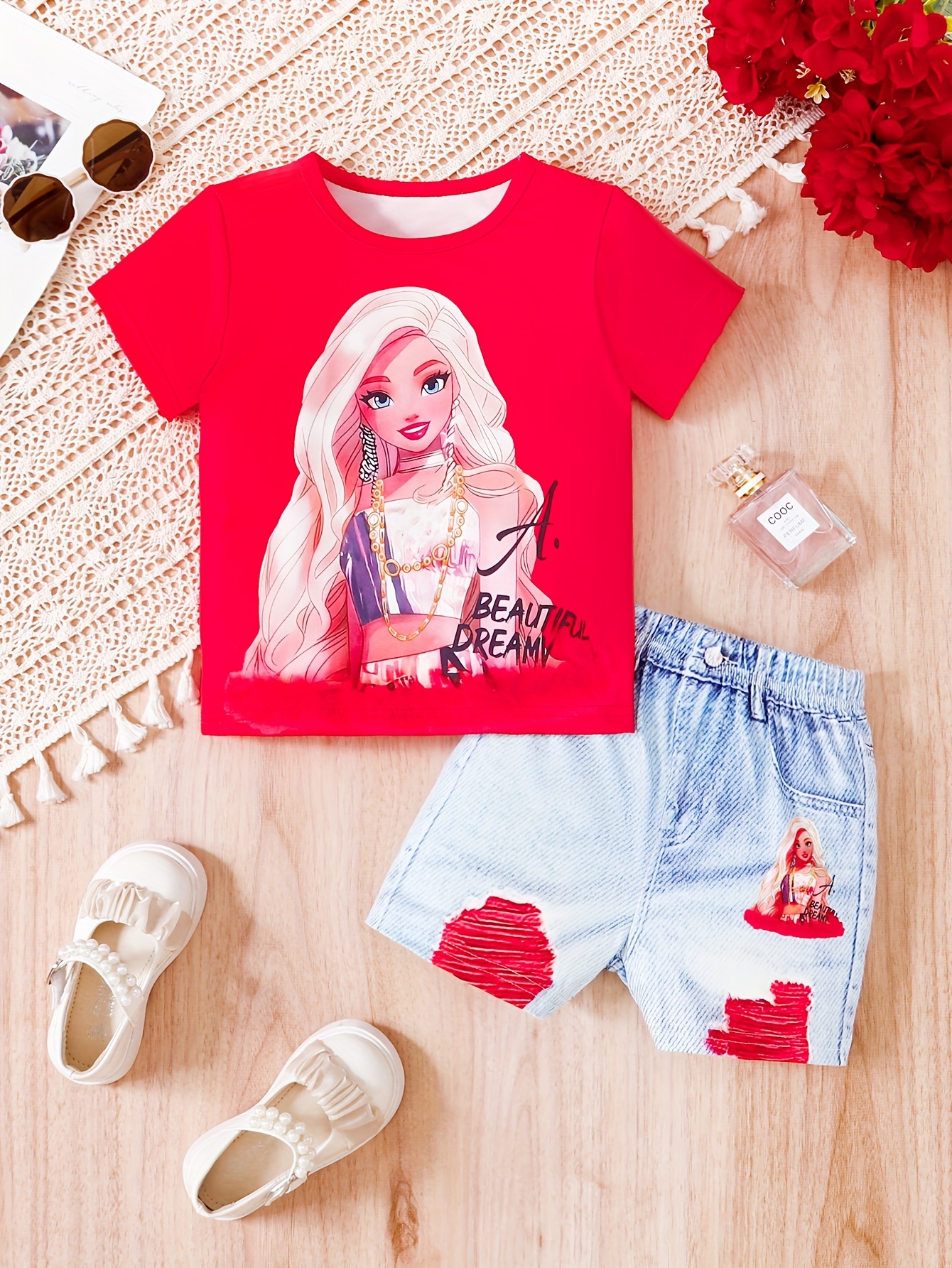 2 Pcs Girl Celebrity Graphic T-Shirt + Matching Shorts Leggings Girl's Set Holiday Casual Going Out Summer Clothes Gift