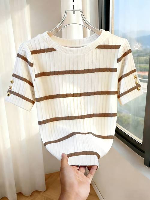elegant casual striped round neck t shirt for women
