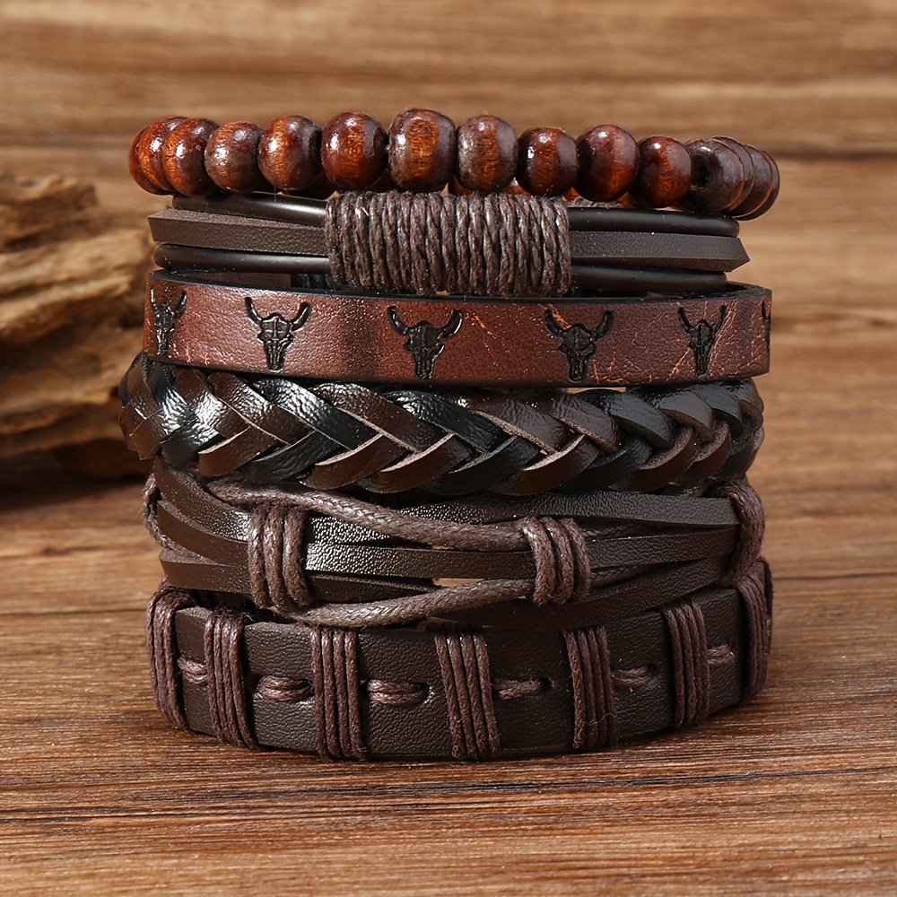 TEMU 6pcs Vintage-inspired Men's Faux Leather Braided Bracelet Set - Handcrafted, Unique Textured Design, Stylish Accessory For Any Occasion