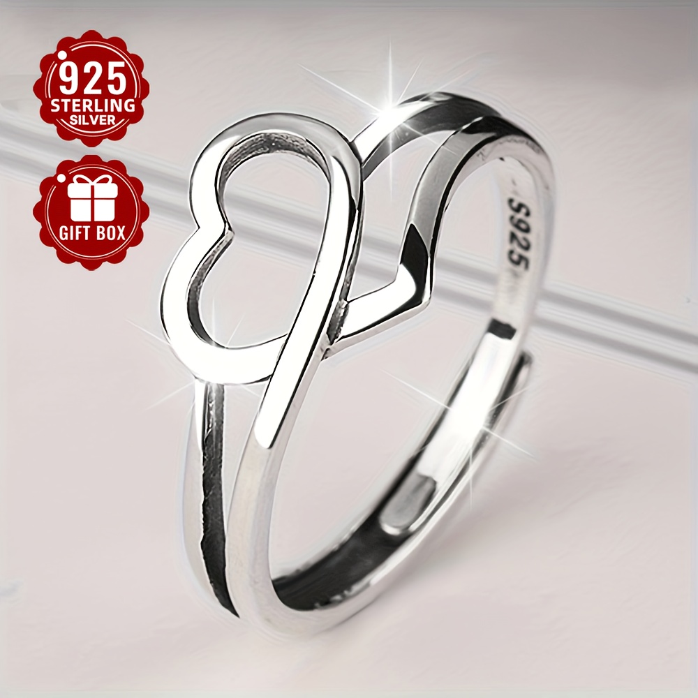 

1pc S925 Pure Silvery French Hollowed-out Love Heart Opening Adjustable Ring For And Low Allergy Ring . 1.9g