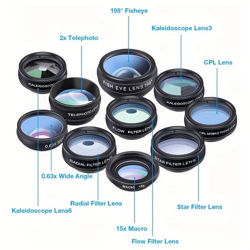 phone camera lens macro lens wide lens fisheye lens telephoto lens cpl flow radial star filter kaleidoscope 3 6 lens 10in 1 lens kit for iphone samsung lg and most smartphones