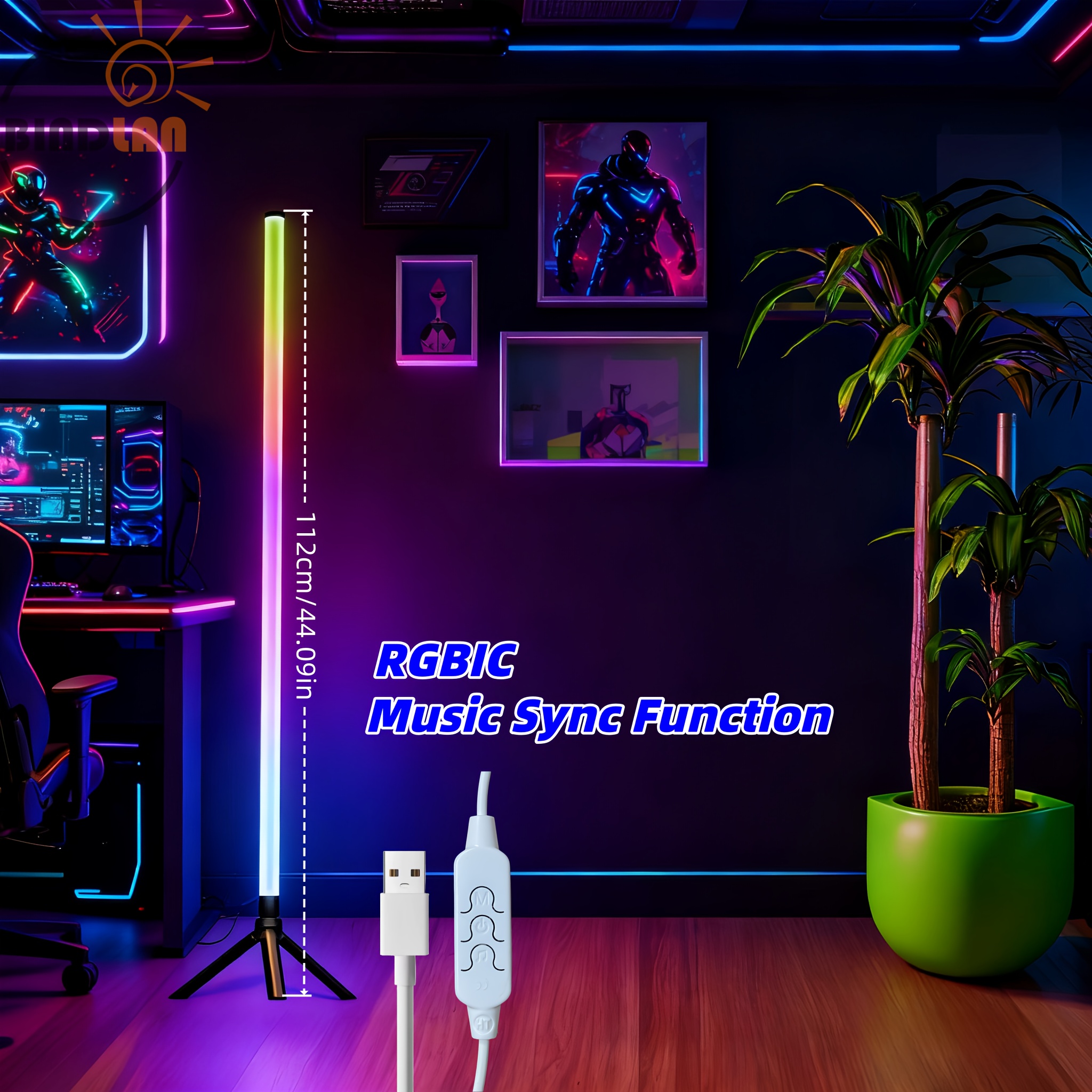 RGB Floor Lamp with Music Sync, 20 Dynamic Lighting Modes for Gaming Room & Content Creation, USB Powered Ambient Light for Modern Decor, Plug and Play Design