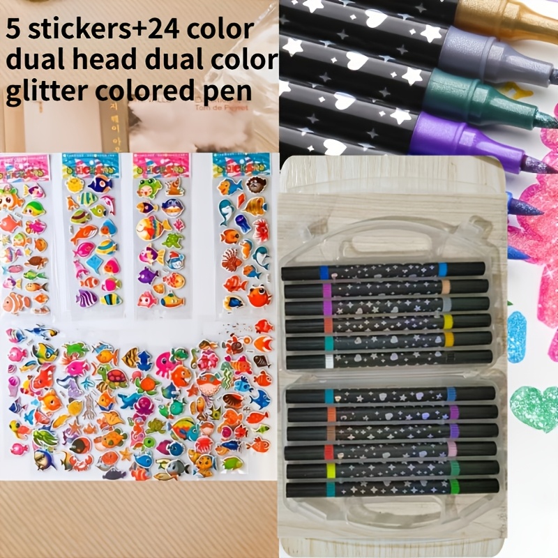 TEMU Lot de 17 pièces, Stylos gel pailletés 24 couleurs + 5 feuilles d'autocollants de poissons de mer, avec encre adhésive à séchage rapide - Pointe