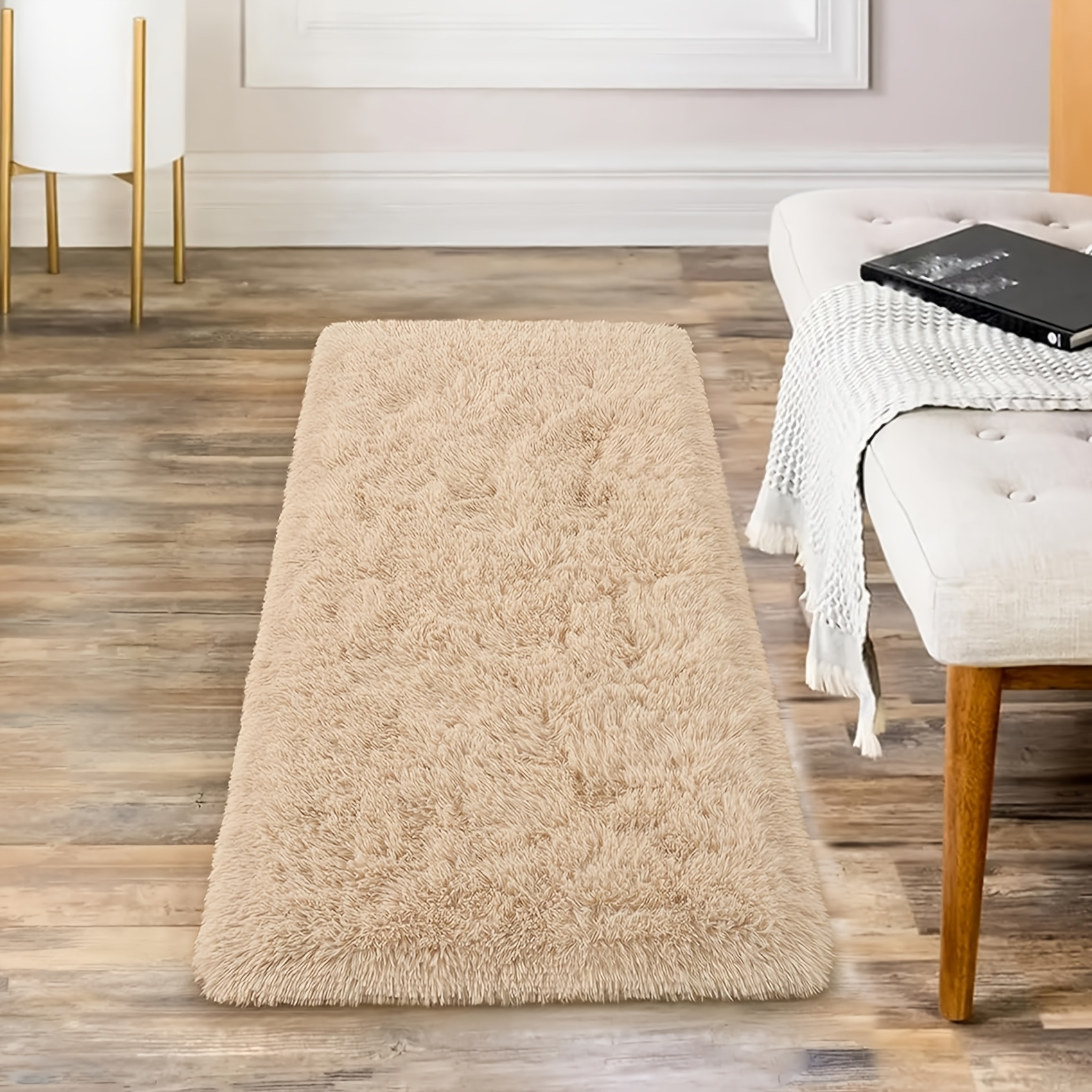 TEMU 1pc Bedroom Bedside Long Pile Carpet, Camel-colored Small Size Room Decor, Bedside Rug Sofa Coffee Table Mat, Thickened Feel Bedside Mat, Tatami