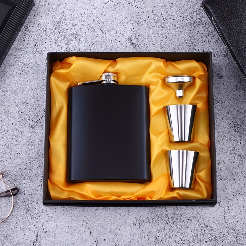 TEMU 1 Set Wine Bottle Matte Black Paint 6oz Portable Outdoor Stainless Steel Gift Box Set