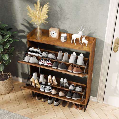 shoe storage cabinet with 2 flip drawers freestanding narrow shoe organizer metal legs wood back space saving entryway hallway cabinet for small spaces shoe cabinet rustic decor durable construction apartment living