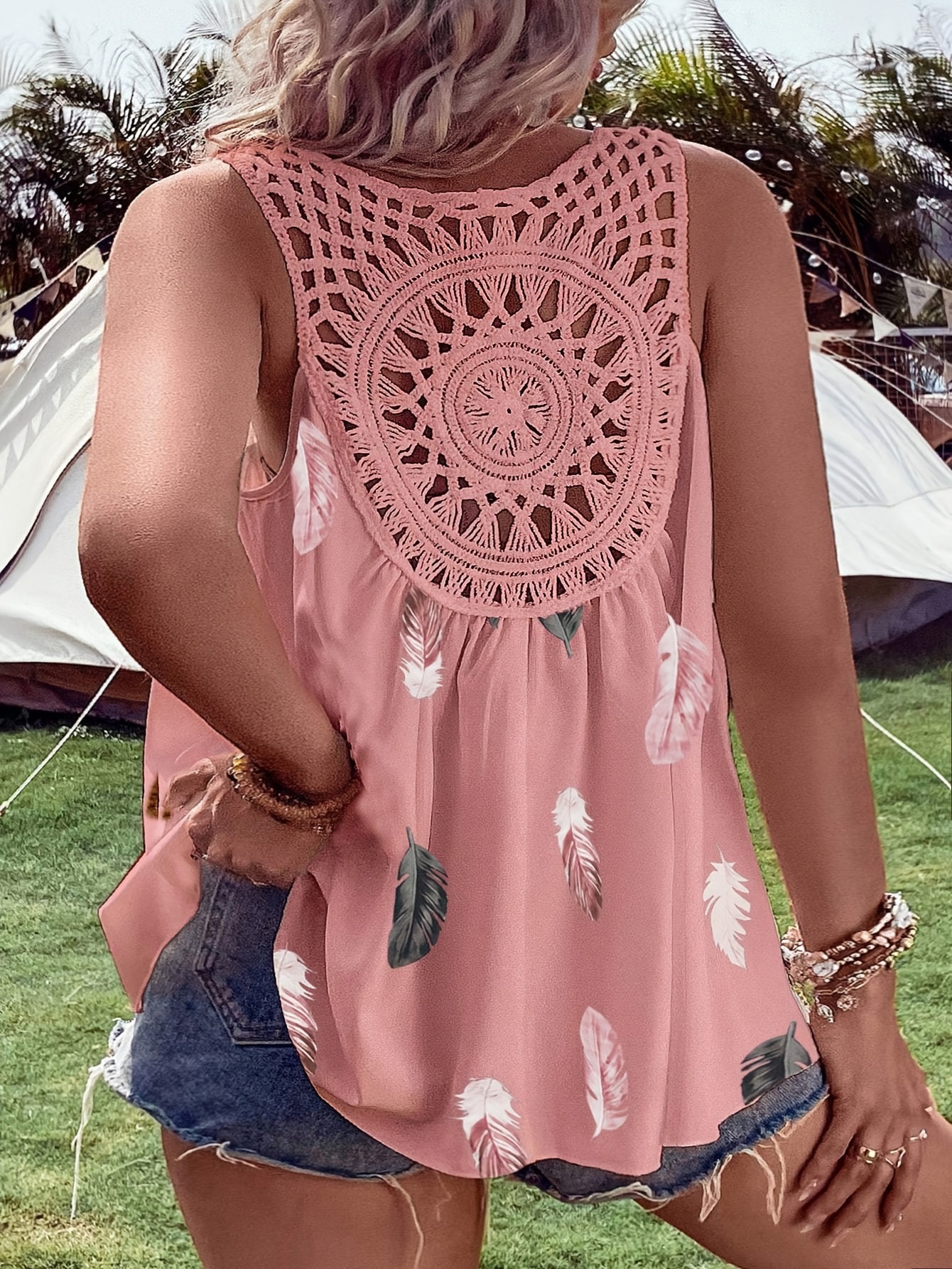 Elegant V-neck Sleeveless Vest, Woven Non-Stretch Fabric, Pattern, with Contrasting Lace Details, for Women, with Voluminous Floral and Ruffles
