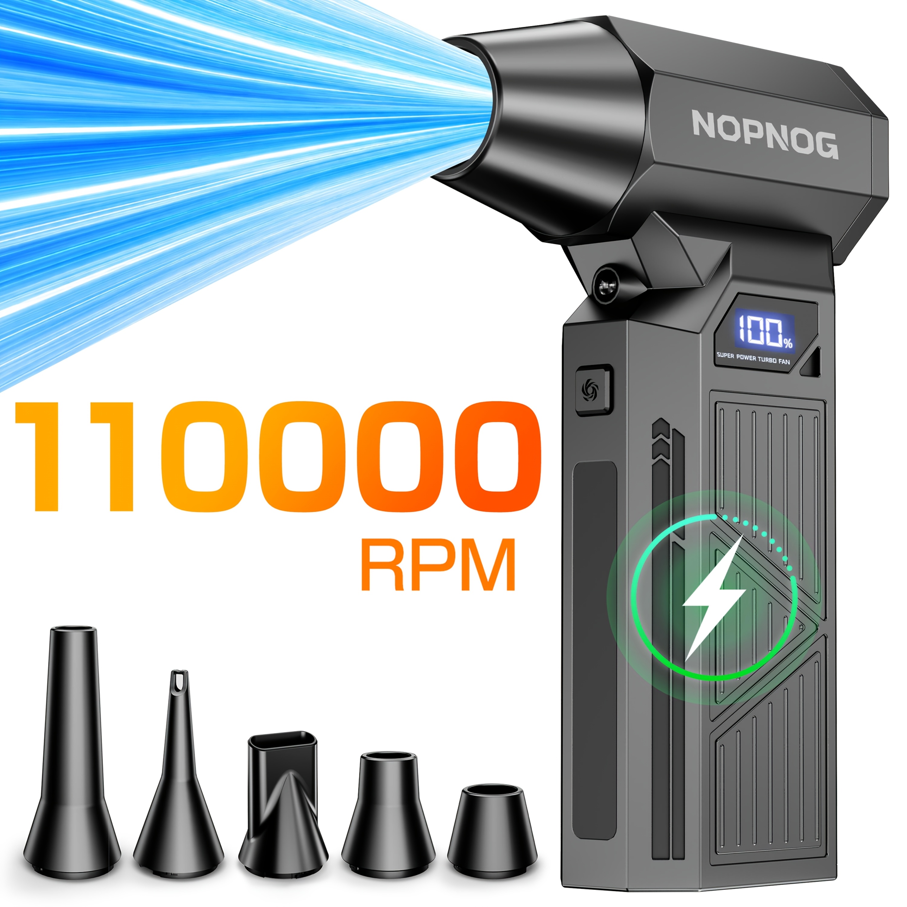 photo de l'article ventilateur turbo puissant 110000 tr/min avec écran intelligent, 4 niveaux de vitesse, inclut 5 buses et batterie haute  , outil de nettoyage portable idéal pour ordinateurs, claviers, voitures et   extérieurs