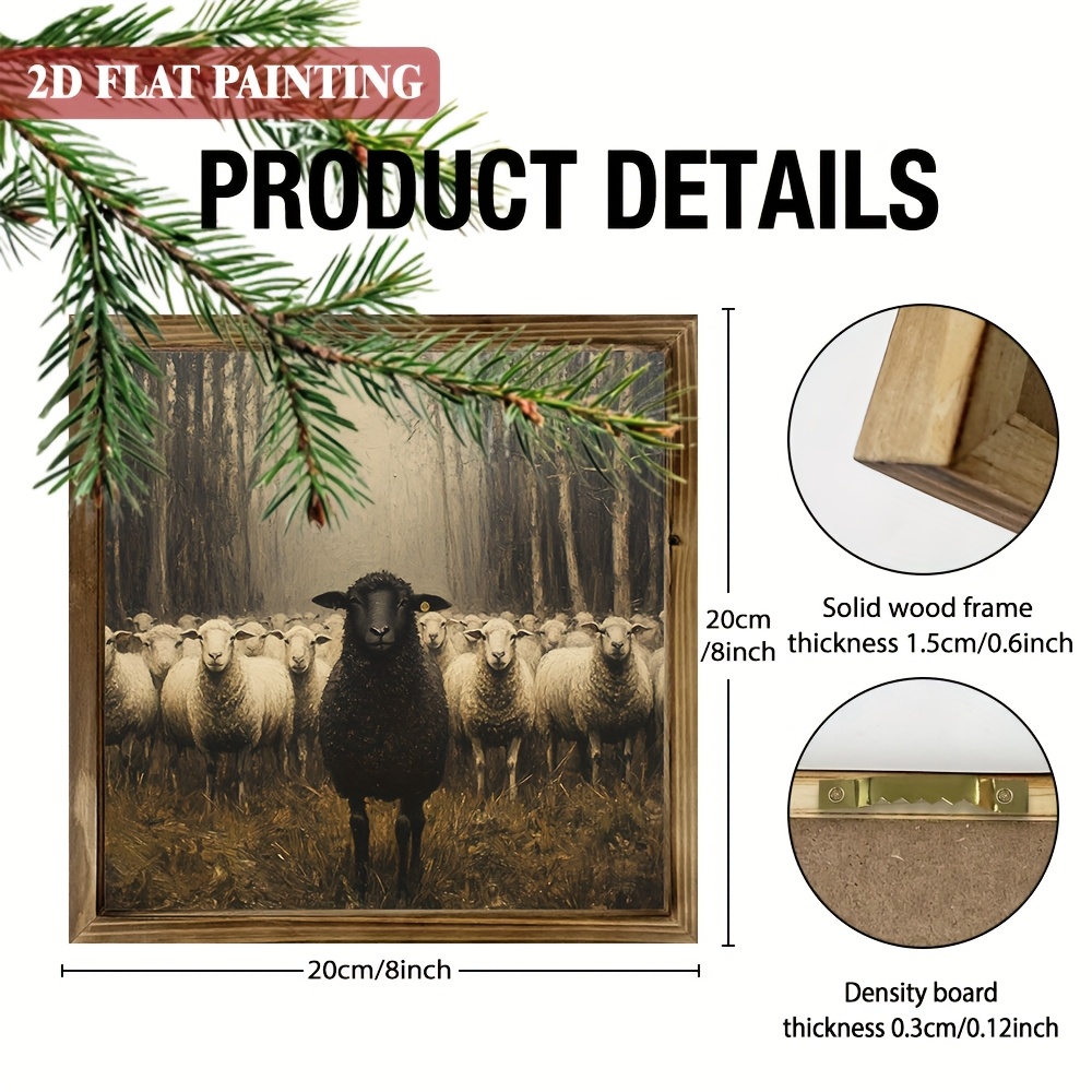 TEMU 2d Flat, 1pc Rustic Black Sheep Wooden Sign With Frame - 8x8 Inch Lamb Decoration Suitable For Easter, Christmas, Birthdays - Tabletop Or Shelf
