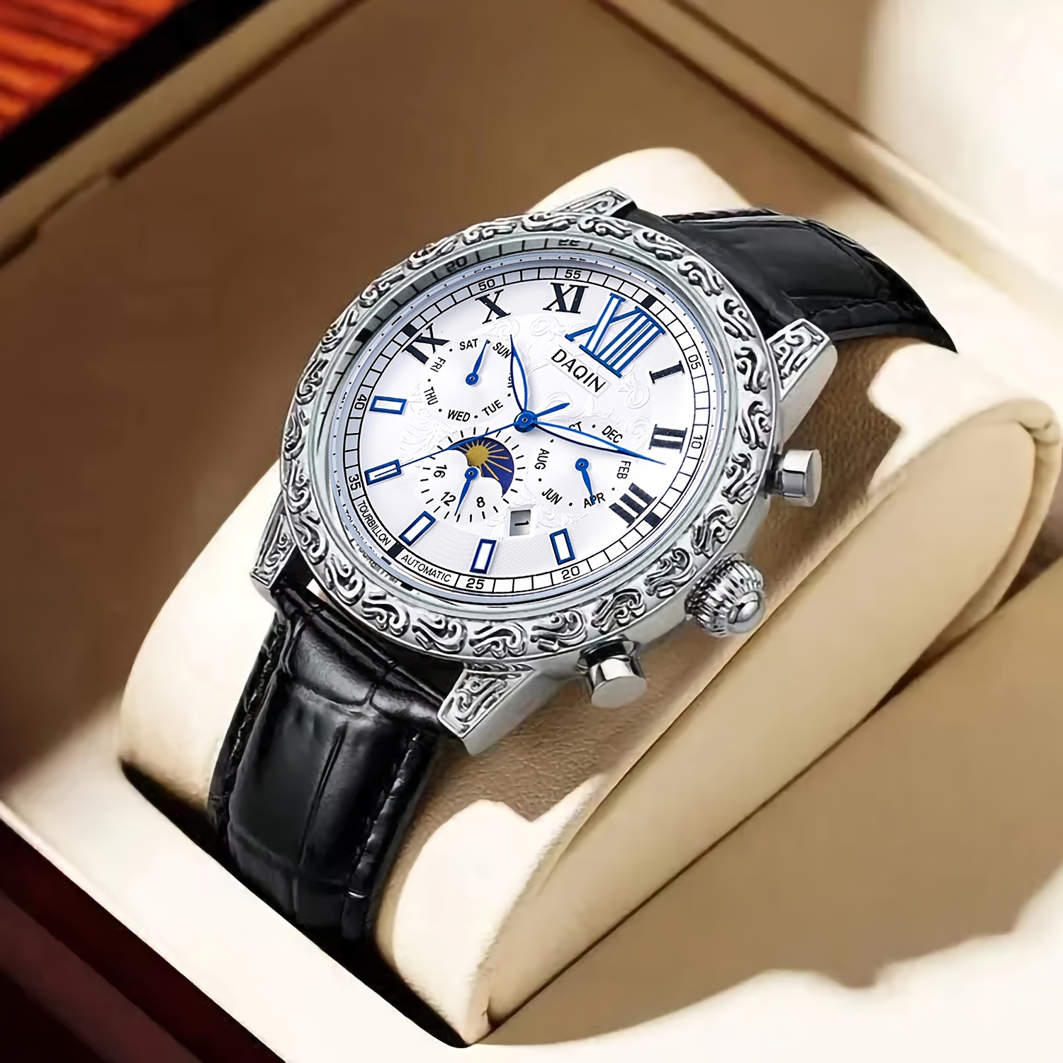 mens fully automatic dual sided hollow flywheel mechanical watch mens light luxury high end carved   with   calendar month night light moon phase multifunctional fashionable business casual mens wristwatch a gift   valentines day gift birthday gift without battery details 2