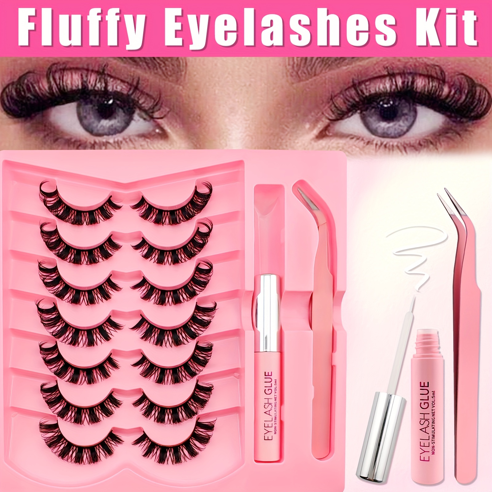 Image of 7 Pairs Of D-curve Cat Eye False Eyelashes Glue Set Eyelash Glue*1+tweezers*1, Used As Gifts, D-curve, Russian , Curly And Fluffy Natural And Comfortable Versatile Mink-like False Eyelashes