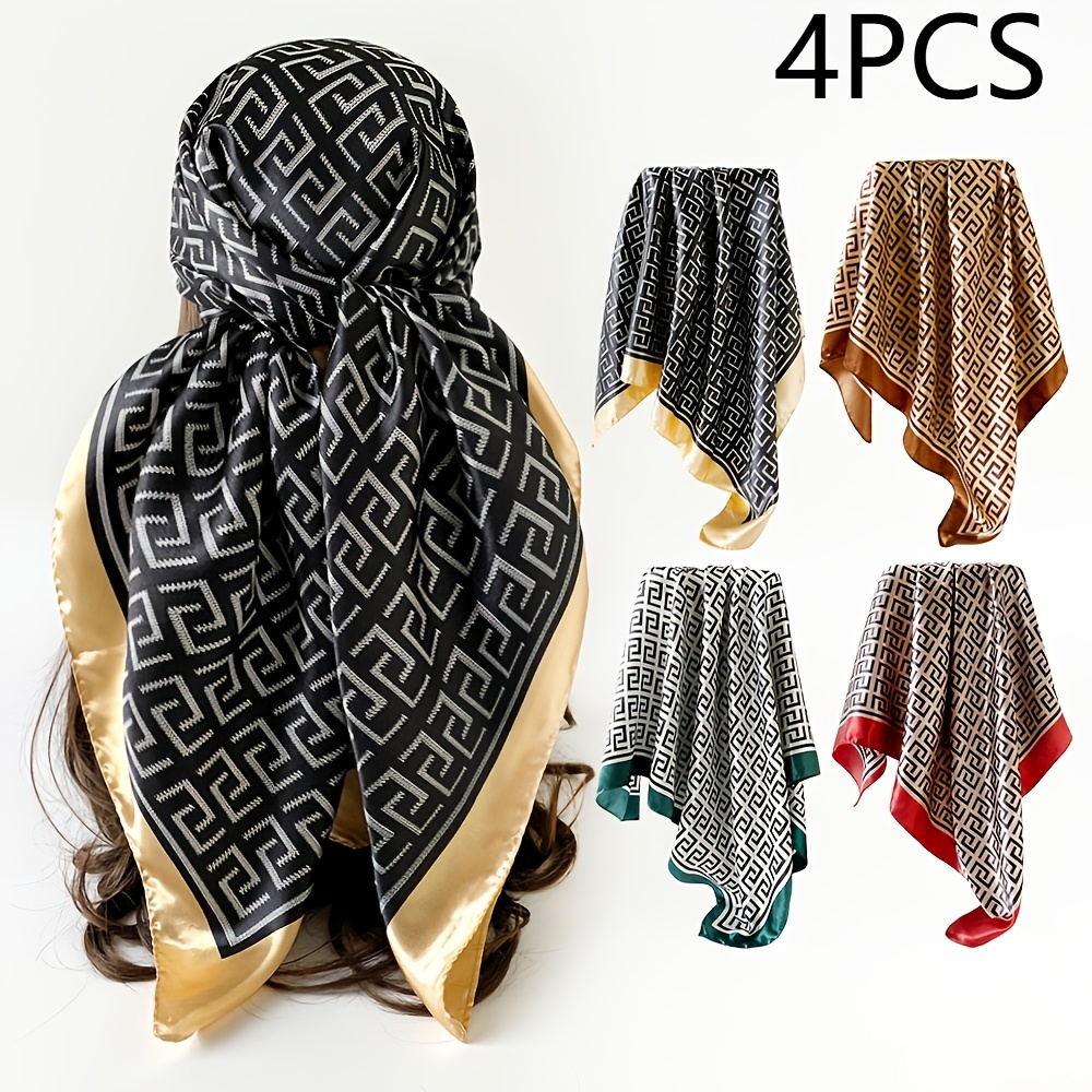 TEMU 4-pack Women's Headscarves, Black Square Print With , Elegant Hair Accessories For Daily Wear, Parties, Weddings, Fashionable Headwear, Ideal