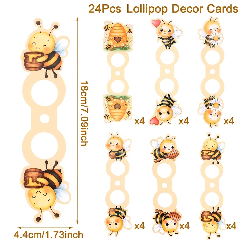 Image of 24pcs Bee Enclosure Cards, 6 Mixed Designs Happy Birthday Lollipop Holder Cards, Cute Honey Bee Cartoon Lollipop Paper Cards Decoration, Suitable For Birthday Party Favor Supplies, Card Inserted Decor