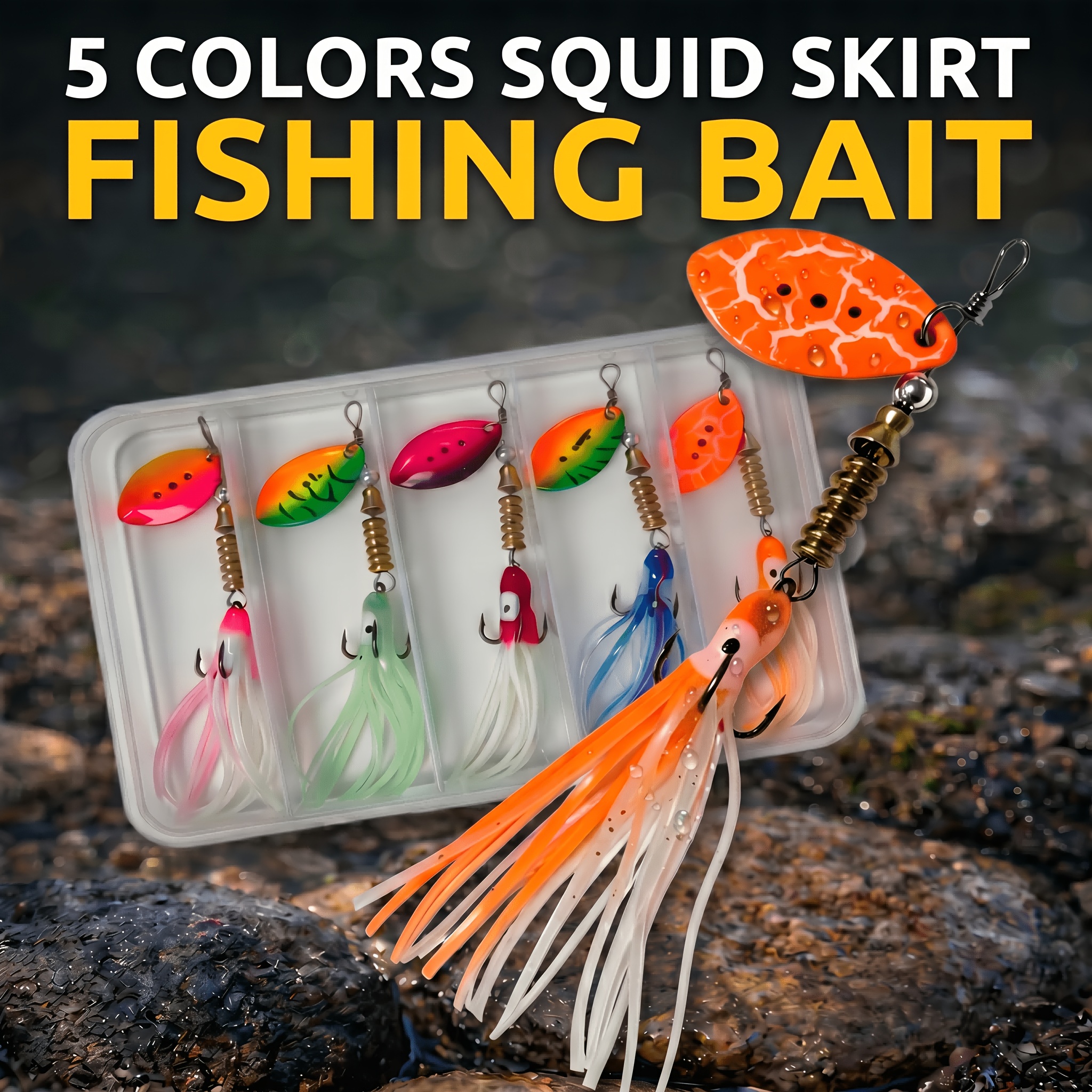 TEMU Lot de 5 leurres bioniques avec leurres tournants à jupe, appâts souples avec hameçons tressés, pour la pêche en eau douce et en eau salée
