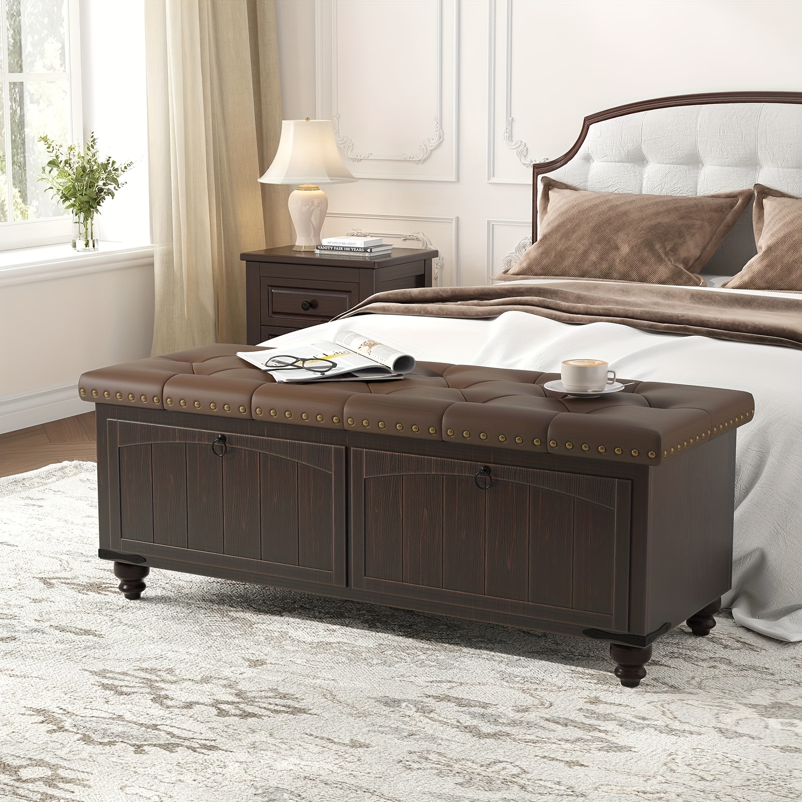 Vintage Upholstered Storage Ottoman Bench