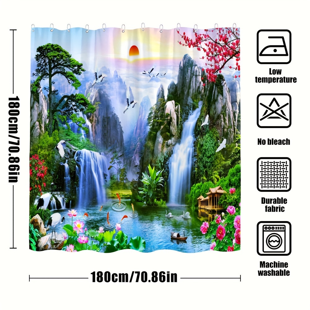 E-shop 1-teiliger Duschvorhang mit Berg- und Wasserlandschaft, Sonnenaufgang, wunderschöne Flüsse und Berge, Wasserfälle, Seen, Kiefern, Muster,