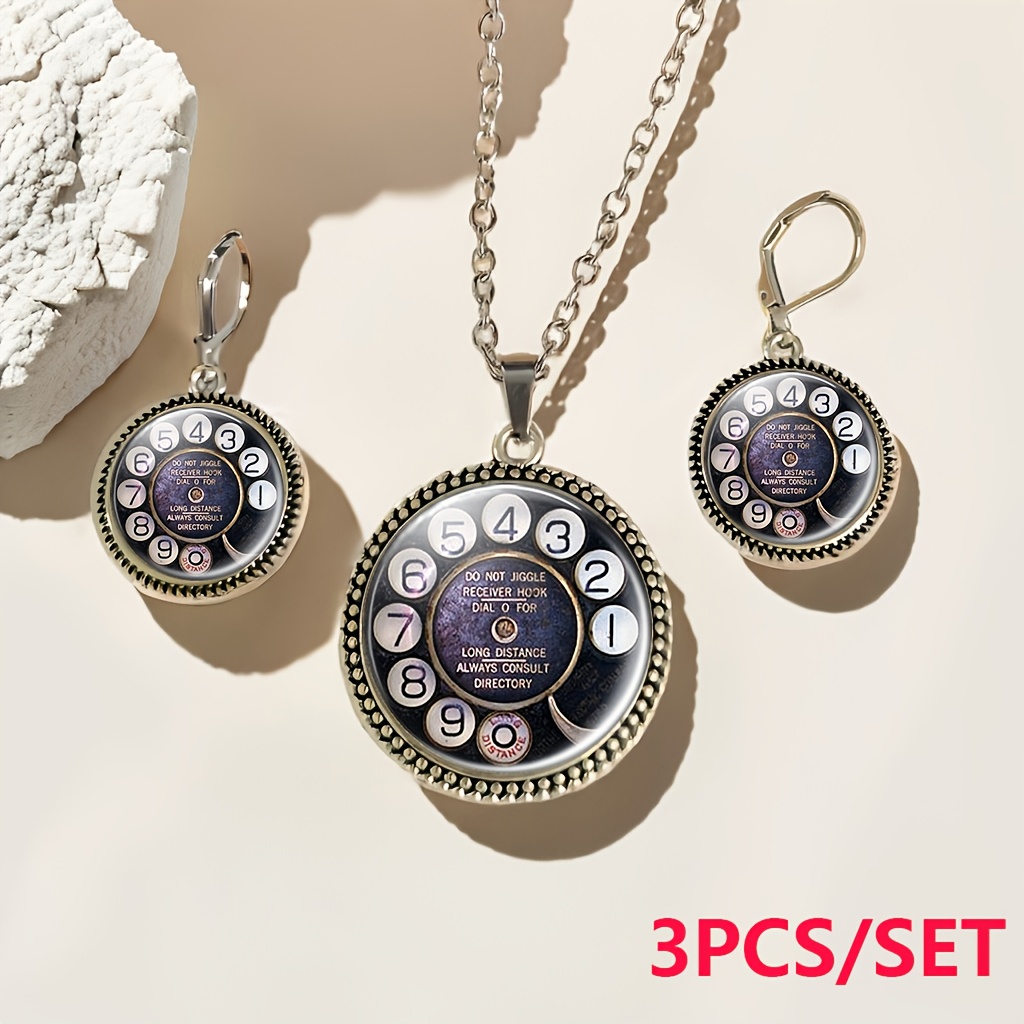 TEMU 3pcs Set: 1 Necklace And 2 Earrings For Women, Featuring Round Glass Base Design. The Vintage-style Telephone Dial Features A Black With Clear,