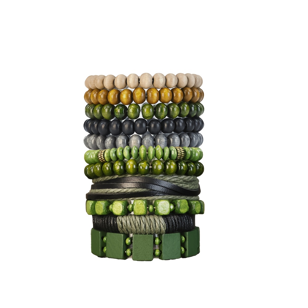 TEMU 11pcs Bohemian Beaded Bracelet Set, Natural Wood Beads And Mix Bracelets, Vintage Green Stackable Hand Jewelry