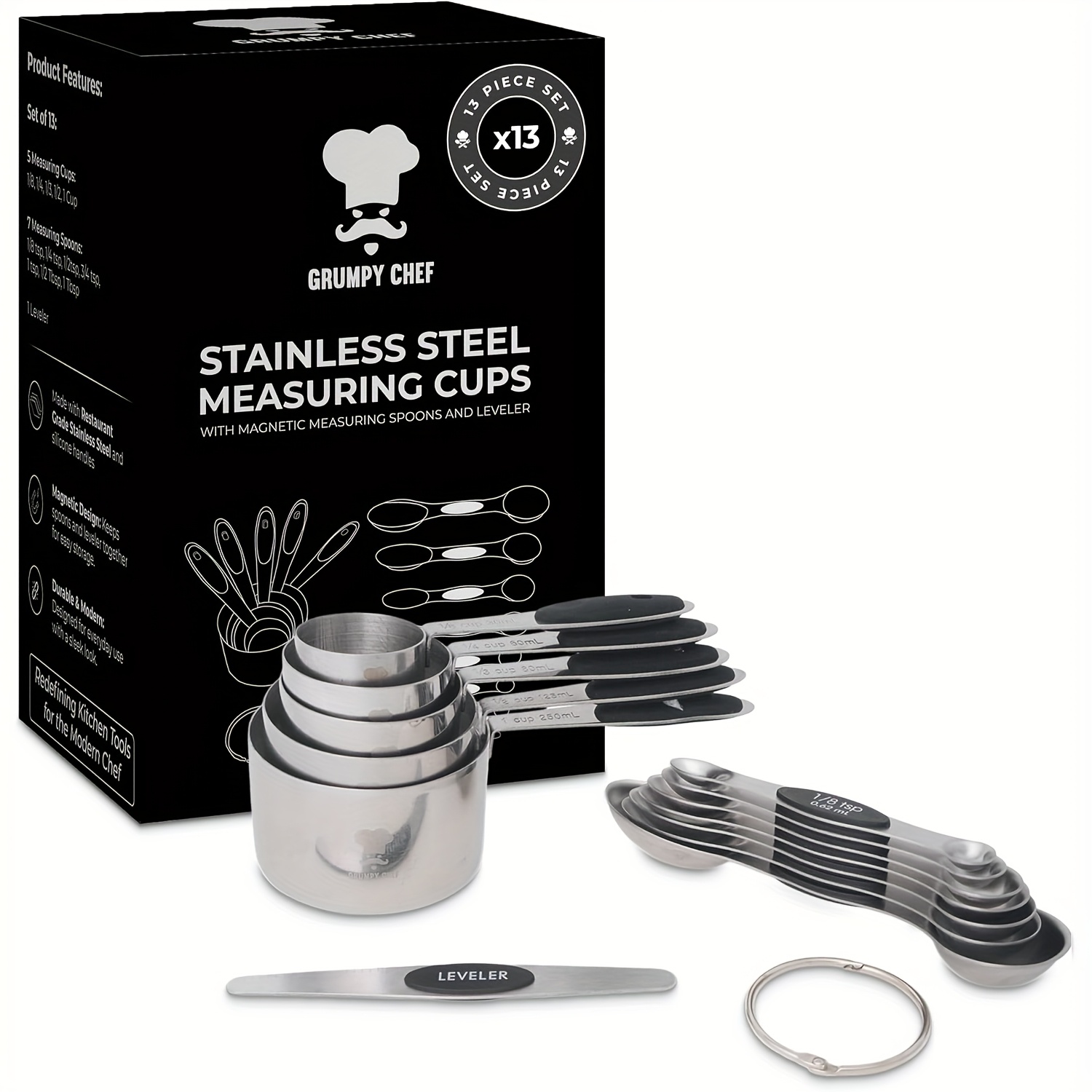 TEMU Stainless Steel Measuring Cups And Spoons Set With Magnetic Leveler 13pcs Nesting Set, Dual-sided Magnetic Spoons, Flat Bottom Design For Stability Rustresistant, Dishwasher Safe