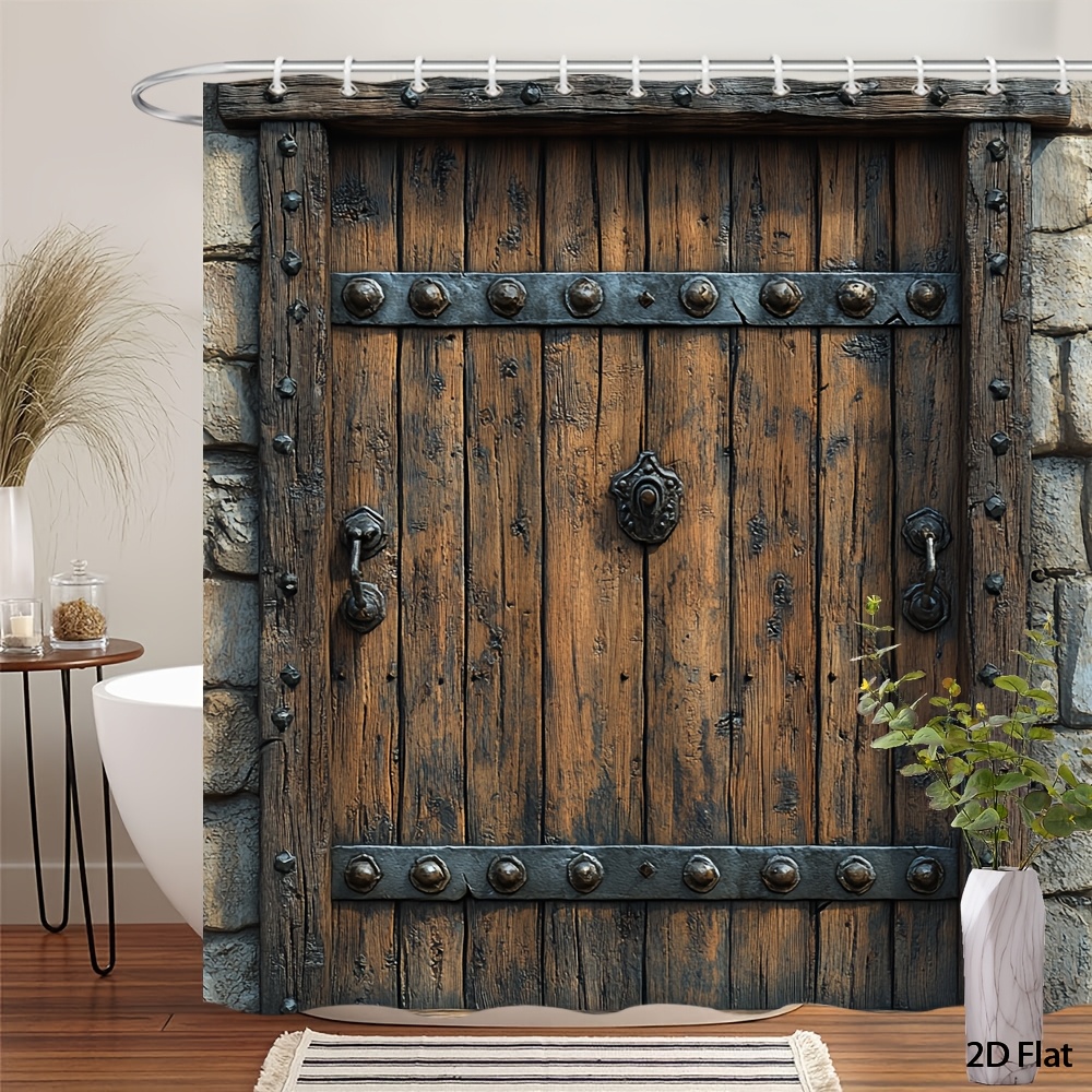 TEMU 1pc 2d Flat Rustic Wooden Door With Metal And Wrought-iron Handles Shower Curtain Weathered Wooden Door With Textured Planks And Medieval