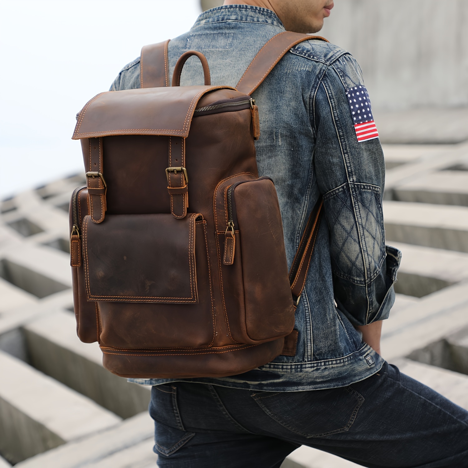 vintage mens genuine leather backpack large capacity - Temu  display picture 2
