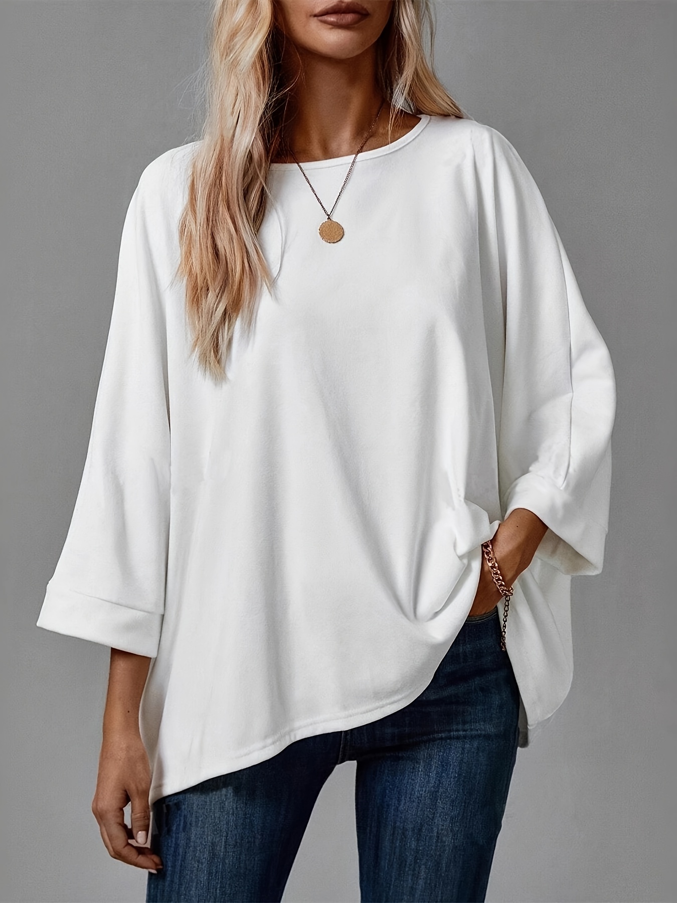 Women S Casual Crew Neck T-Shirt, 2025 New European And American Cross-Border Women S Spring And Autumn Tee, Featuring a Loose Fit, Three-Quarter Batwing Sleeves, And a Solid  .