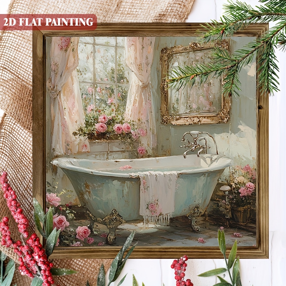 TEMU 2d Flat - This Is A Stylish Wooden Sign Featuring A Pink , Measuring 8x8 Inches. It Includes A Framed Bathtub And Roses, Making It A Piece ,