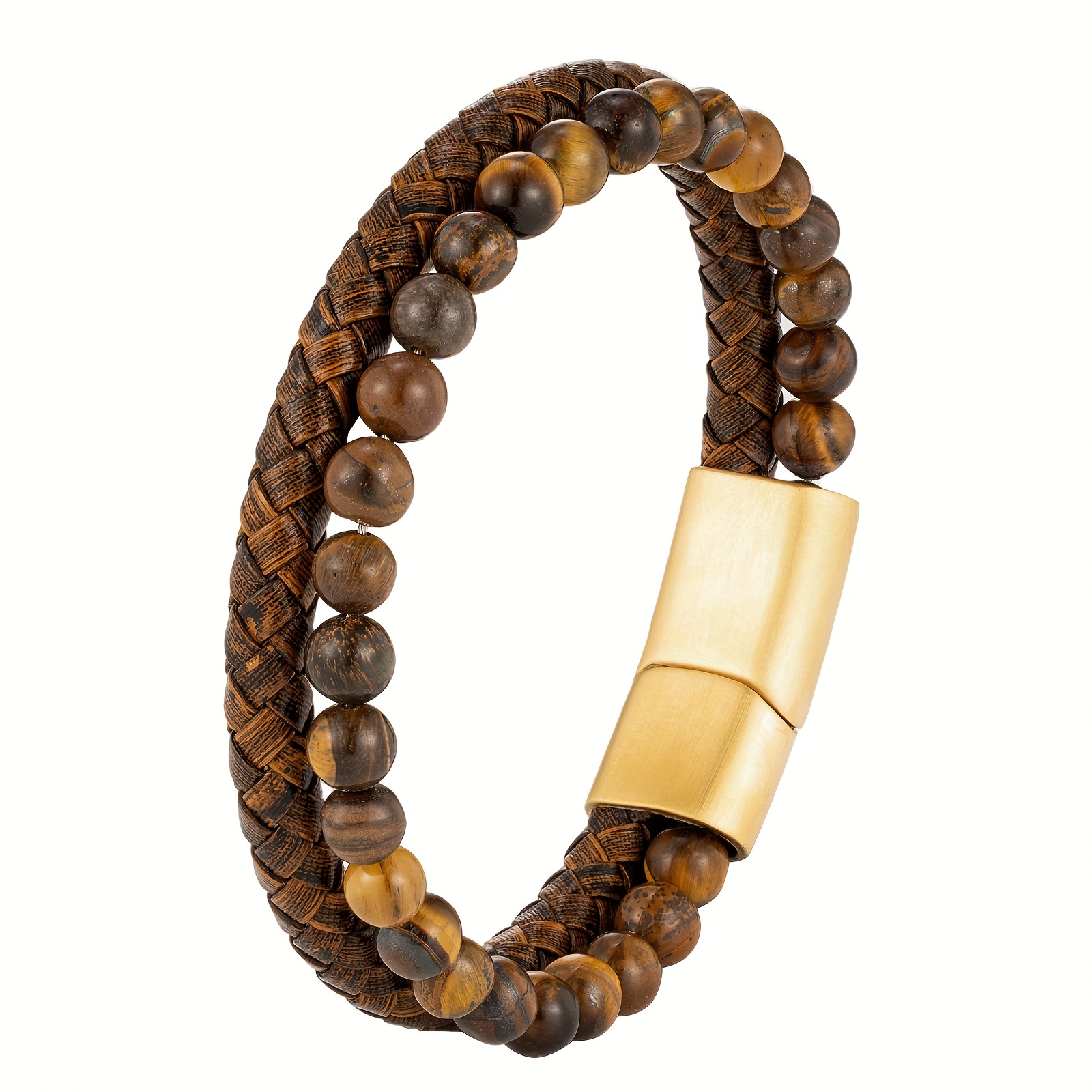 E-shop Vintage Mehrschichtiges Gewebtes Gelbes Tiger Perlen 304L 304L Edelstahl Leder Armband, ein Geschenk für Männer zum Feiern von Partys und