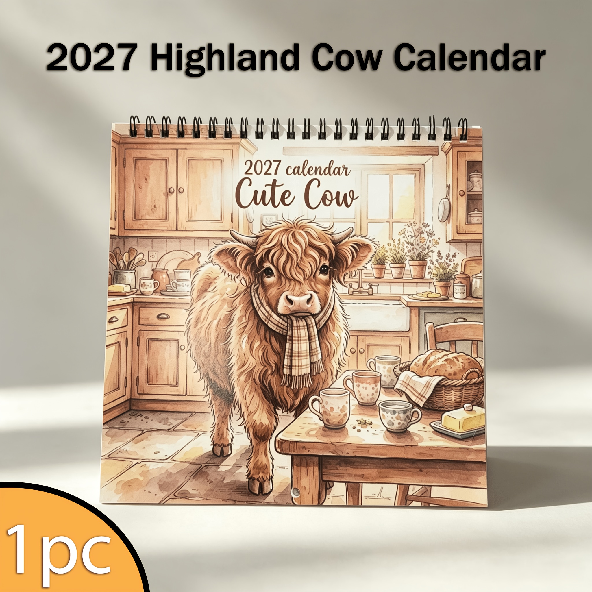 TEMU 1pc 2027 Highland Cow Calendar Suitable For Home Office Desktop Decoration, Vintage Farm Cow Monthly Planner With Dated Pages & Daily View, To