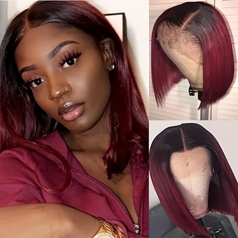 1b Burgundy Bob Wig Human Hair 13x4 Frontal Lace Wig 1b 99j Temu