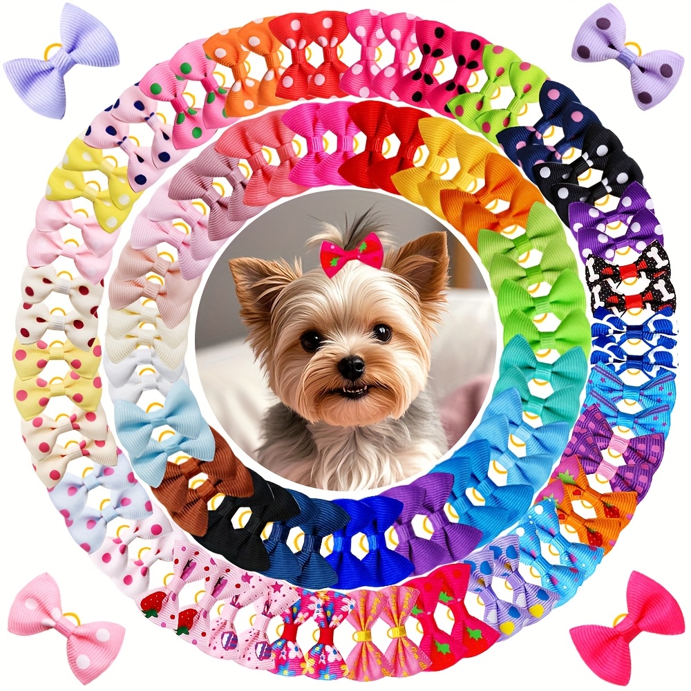 Image of 50pcs Cute Hair Bows With Rubber Bands - Assorted Polka Dot, Heart & Flower Patterns, Vibrant Colors For Yorkie & Small Dog Grooming, Costume Accessories, Dog Hair Accessories, Durable Pet Accessory