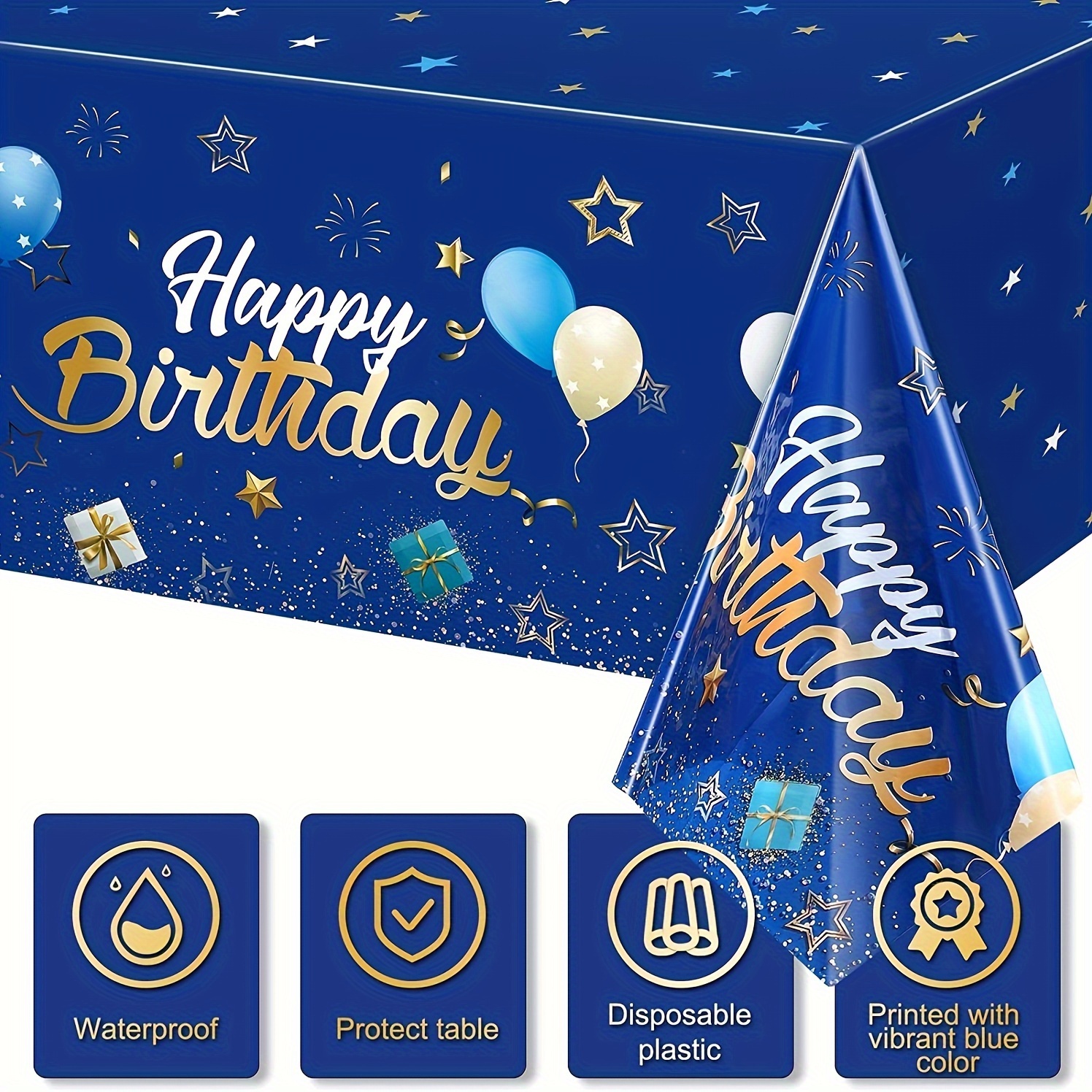 

1pc Navy Blue Golden Happy Birthday Print Party Tablecloth Suitable For Anniversary Weddings Birthday Party Rectangular Waterproof Plastic Tablecloth