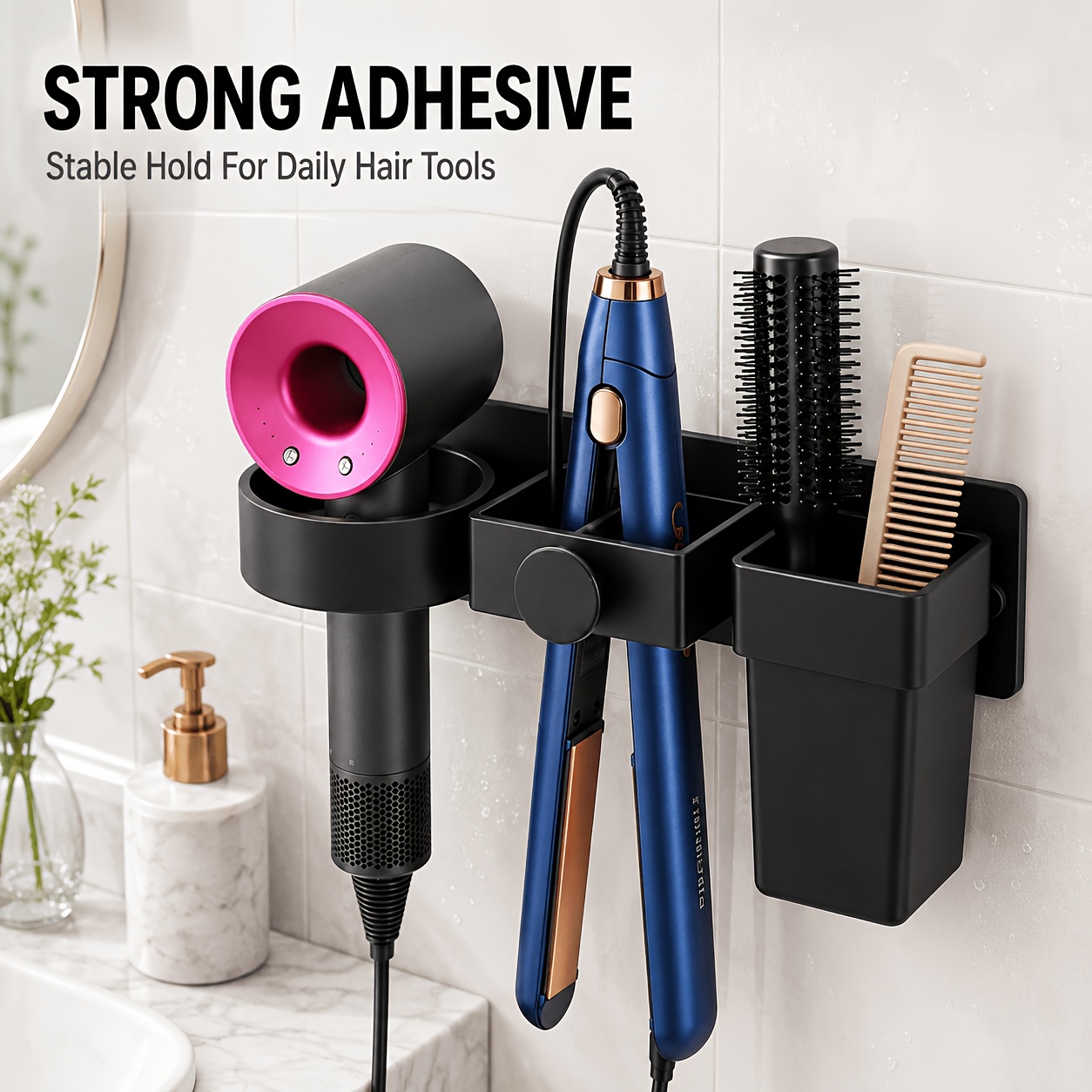 TEMU Organizador de secador de pelo para pared, estante de almacenamiento para baño sin taladro para secador de pelo, herramientas , peine y de