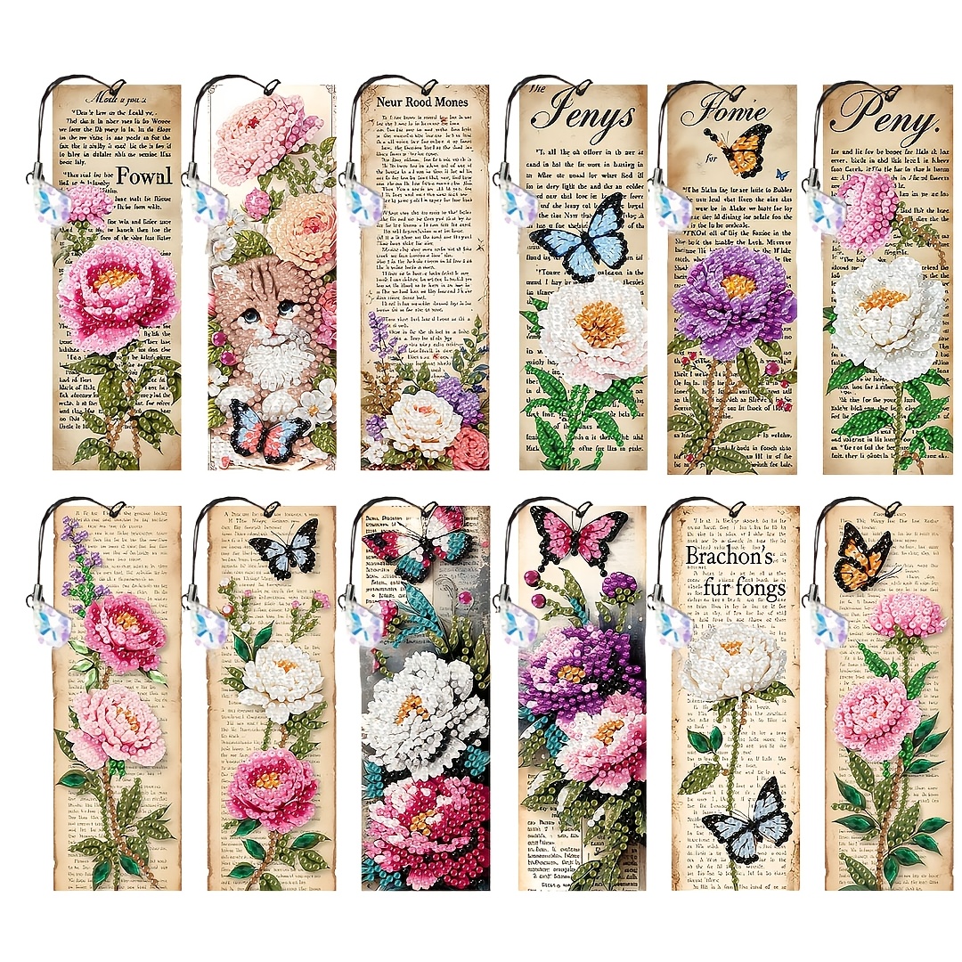 TEMU 12pcs Vintage Bookmark With Hanging Loop & Pendant - Diy Handmade Bookmarks Suitable For Reading Lovers, Holiday Gifts, Peonies, Cats,