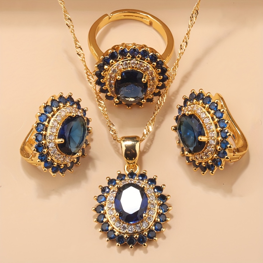 TEMU Ensemble de bijoux tendance pour femmes : Premium Zirconia, boucles d'oreilles, collier, pendentif, bague, taille ajustable, plaqué, idéal pour