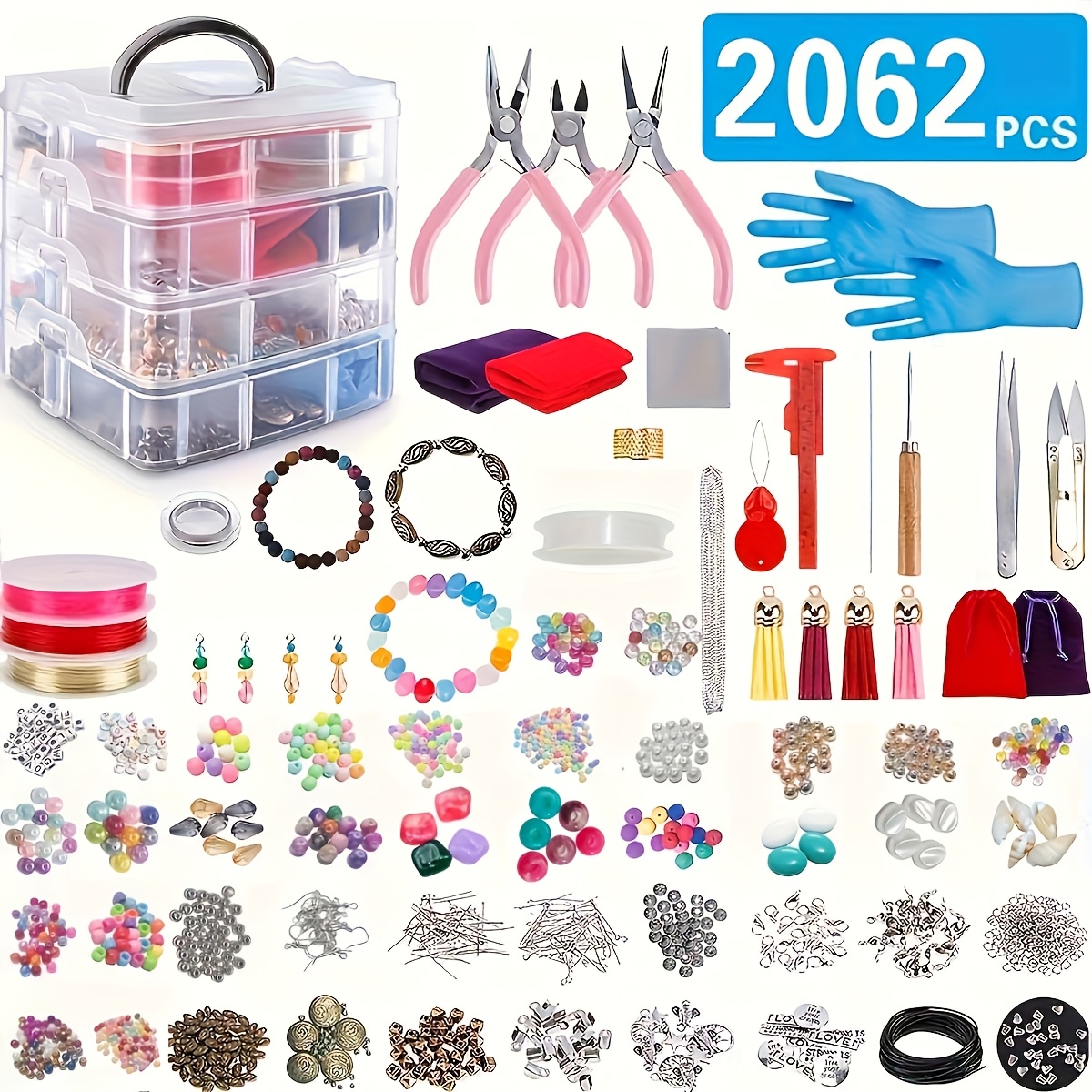 TEMU 2062pcs Diy Beading Kit, Handmade Jewelry Making Supplies For Bracelets And Necklaces, Creative Craft Tools, Jewelry Pliers, Beading Wire,