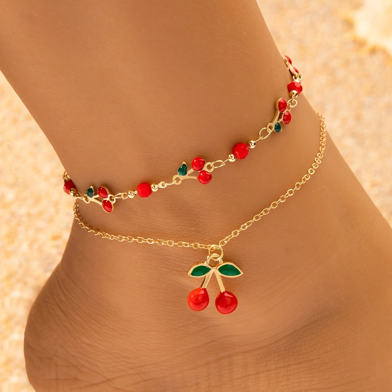 E-shop Sommerliche Boho Kirsch-Frucht-Fußkettchen | Kreative, mehrschichtige, stapelbare Schuh-Accessoires, Zinklegierung, ideal für Party und Urlaub