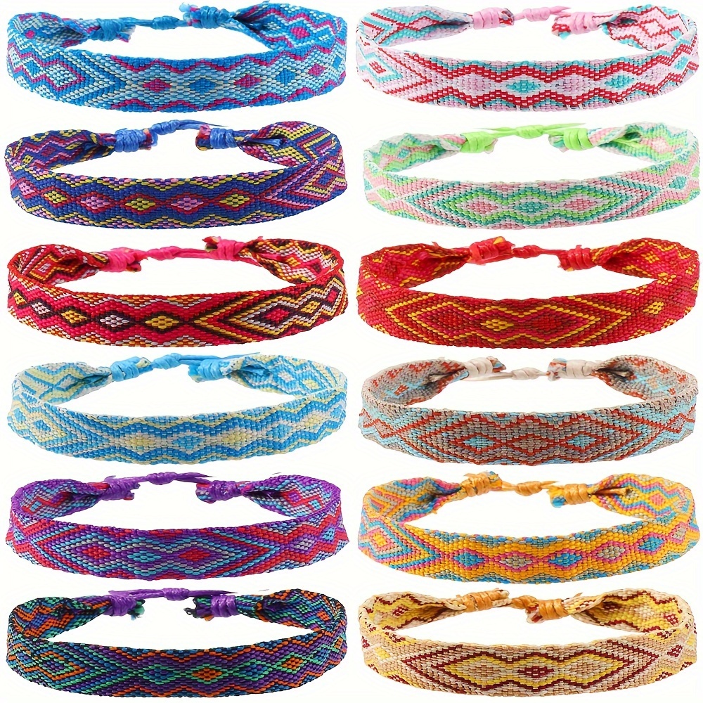 

12-piece Set Boho Friendship Bracelets - Handmade Knotted Cotton Rope, Synthetic Birthstone Accent, February Birthstones, Couple's Multicolor Woven Bands, No Mosaic Material - Bohemian Style Accessory