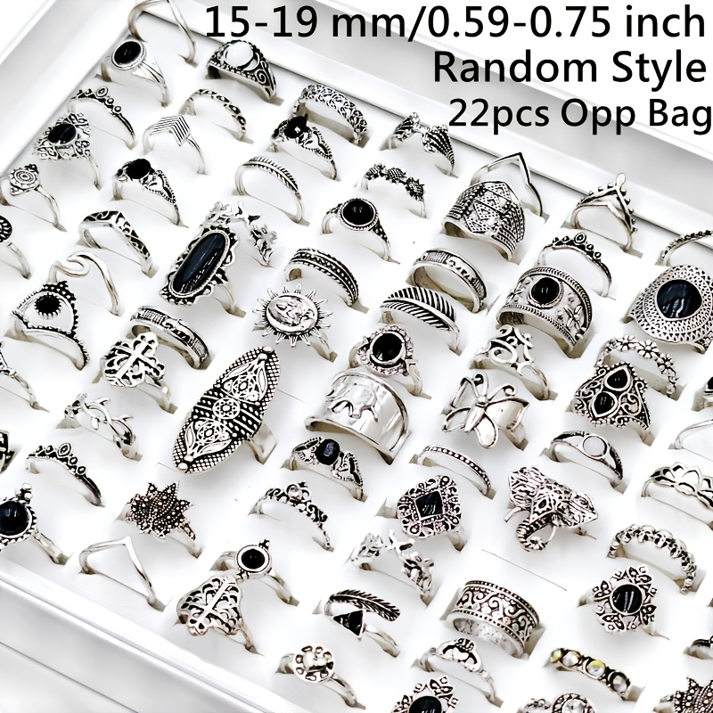 TEMU Lot de 22 pièces/paquet de bagues empilées tendance pour femme, bague rétro bohème pour femme et homme, alliage argenté et noir à effet goutte