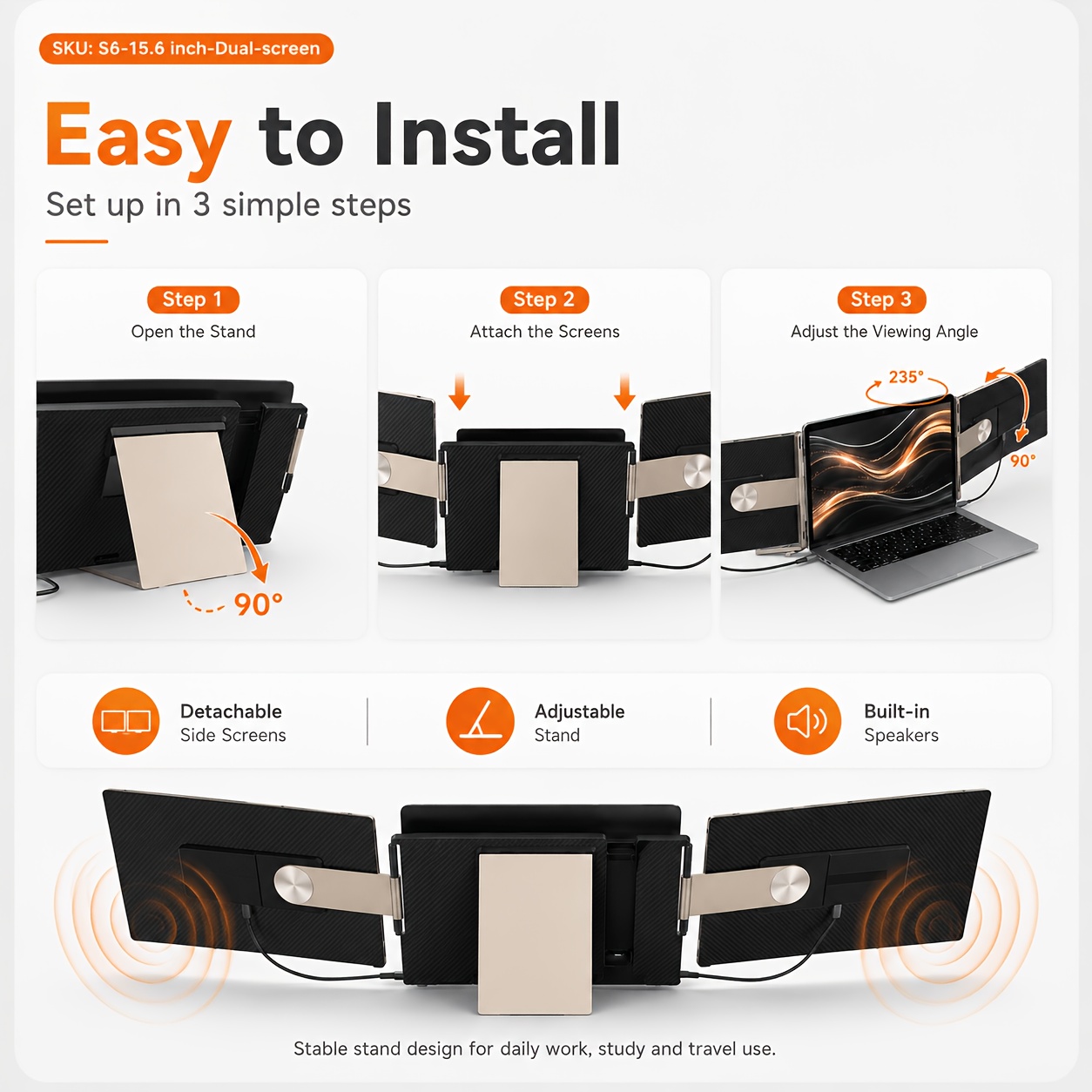 Laptop Screen Extender 14 / 15.6 Inch Dual Screen Portable Monitor, 1080P FHD IPS Screen, 178° Wide Viewing Angle, High Color Gamut, Plug And Play Three-Screen Expansion, Widely Compatible, USB-C/HDTV Video Output, Foldable External Monitor