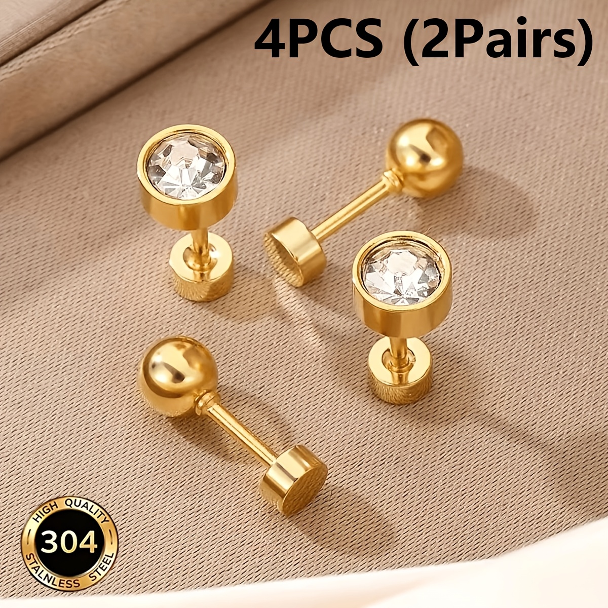 TEMU 4 piezas (2 ) de pendientes de cartílago de circonita sintética reversibles, aretes de tornillo de acero inoxidable, seguros para fiestas de