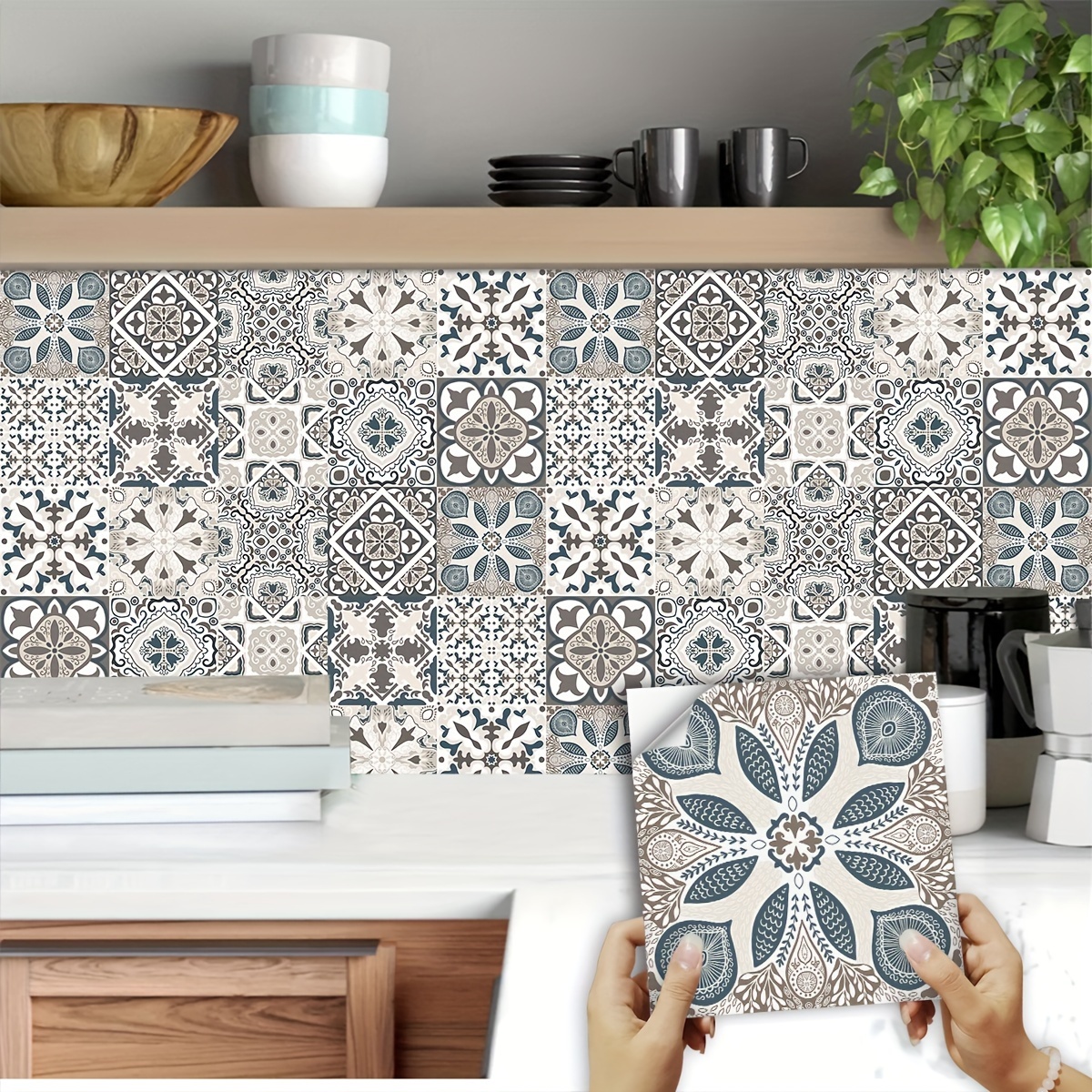 

10-piece Set Peel And Stick Decorative Tiles, Floral Mandala Style, Waterproof And Oil-proof, Removable Kitchen Backsplash Stickers, Square Plastic Wall Decals, Space Theme For Indoor Use