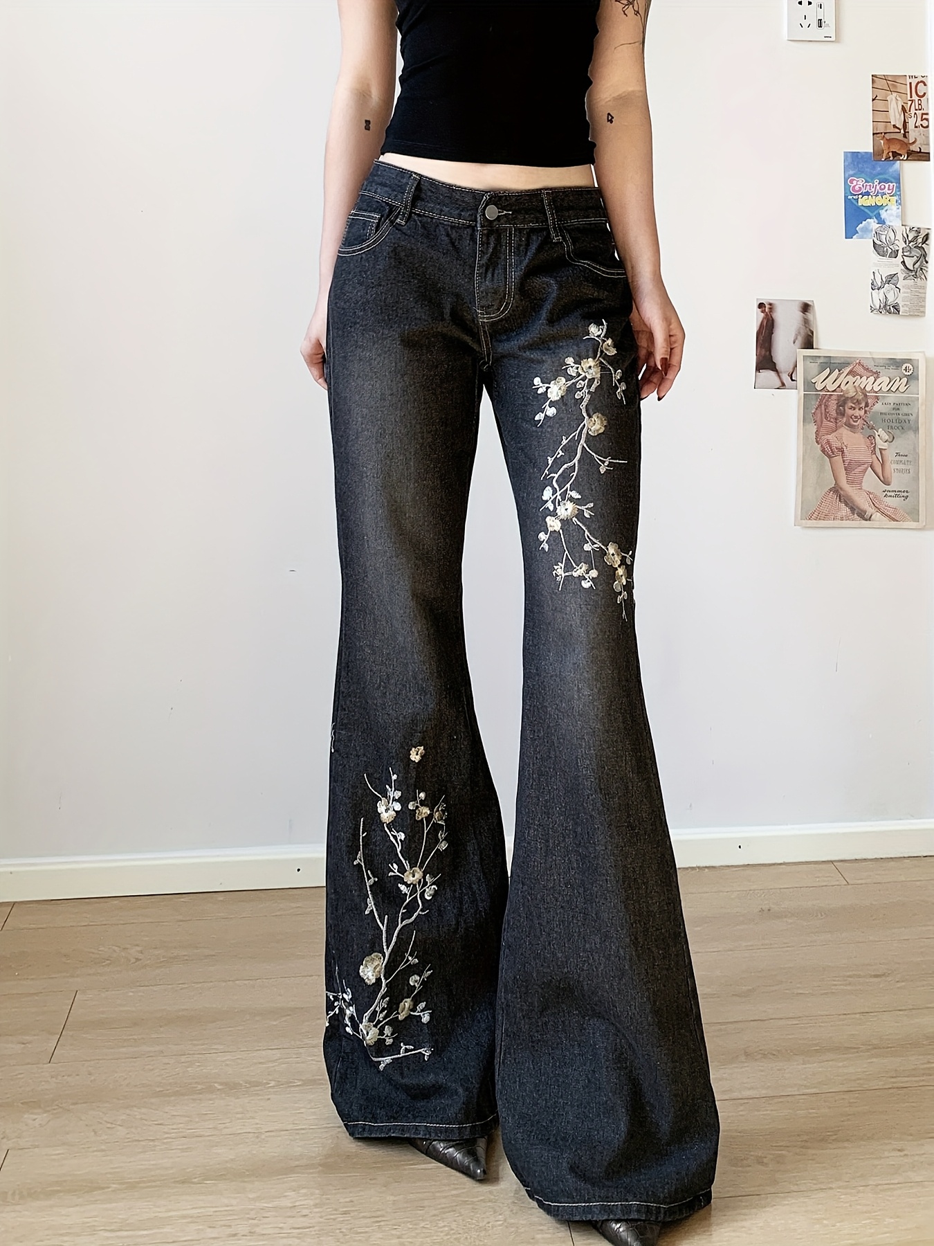 Bell Bottom Jeans Black Embroidered Jeans Womens Women's High