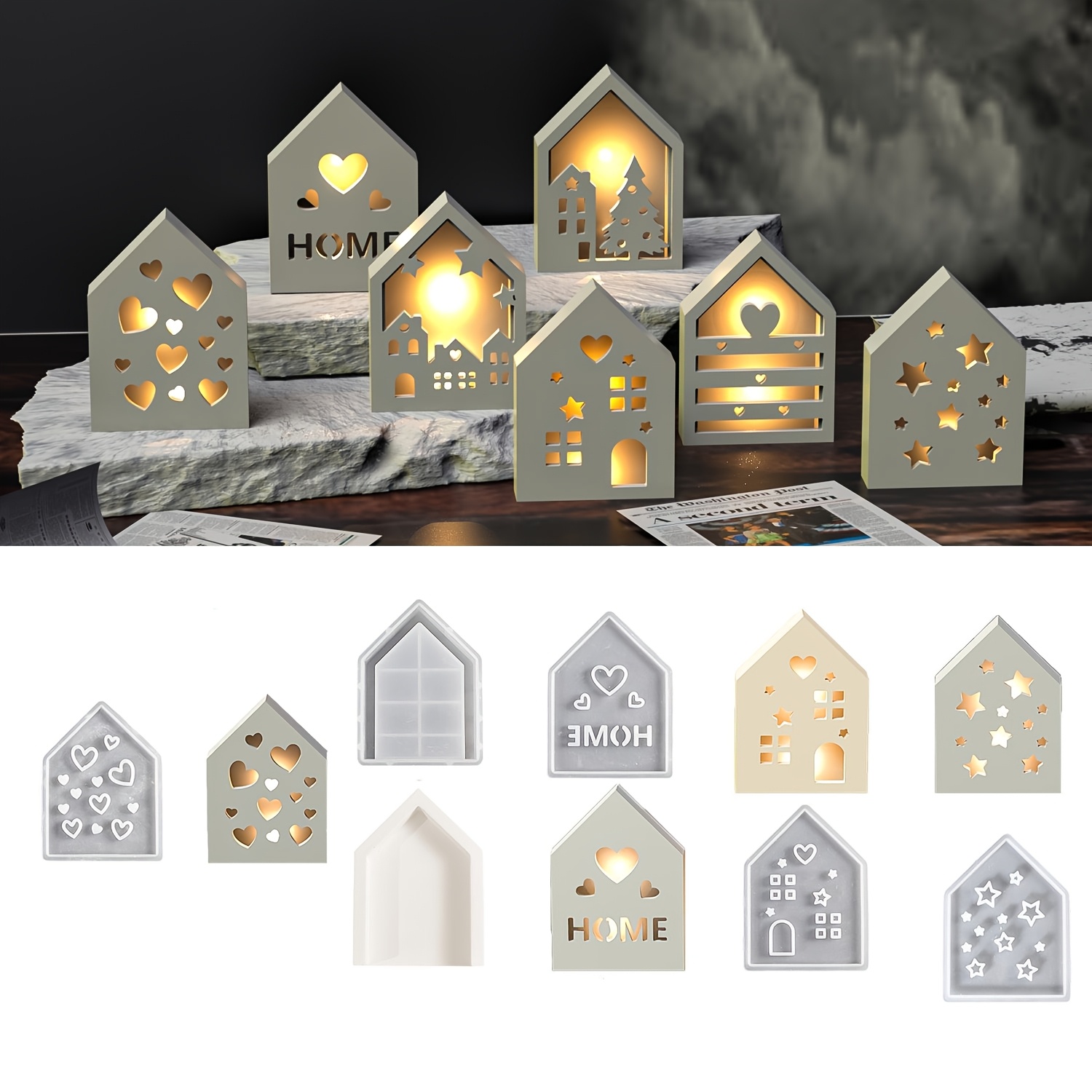 

5pcs Silicone Molds For Crystal Epoxy, Plaster & Cement Houses With Designs - 3d Home Light Silhouette