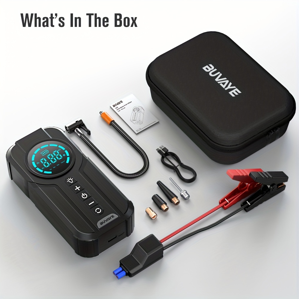 TEMU Buvaye Portable Car Jump Air Pump 4 In 1 Power Bank Lighting Portable Air Compressor Cars Battery Booster Devices Inflator Air Compressor