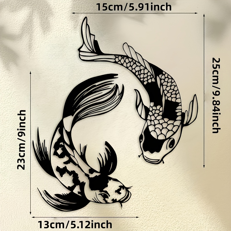 TEMU 2d Flat, 2pcs Acrylic Koi Fish Wall Decor, Measuring 25.0 X 13 Cm - Featuring 2d Flat Printed Black And White Of Koi Fish And Green Leaves,