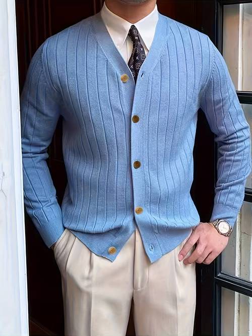 mens new casual daily button up style fashion mens solid striped cardigan long sleeve top sweater knit