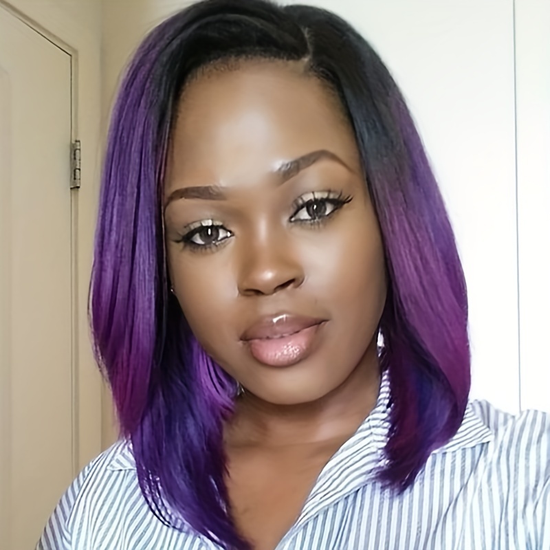 Short Cury Hair Black Purple Synthetic Wig Two Tone Middle Temu